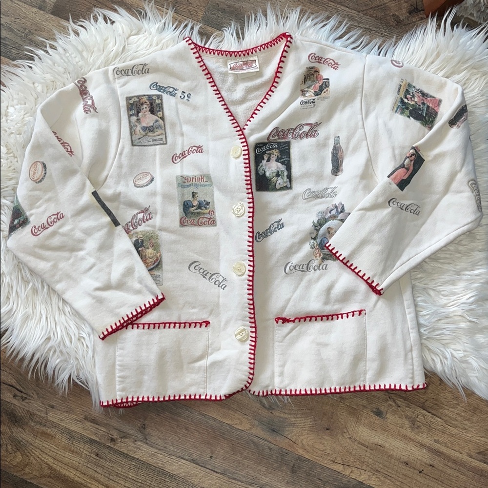 vintage 80sCoca-Cola women's cream button-up cardigan sweater with red stitching